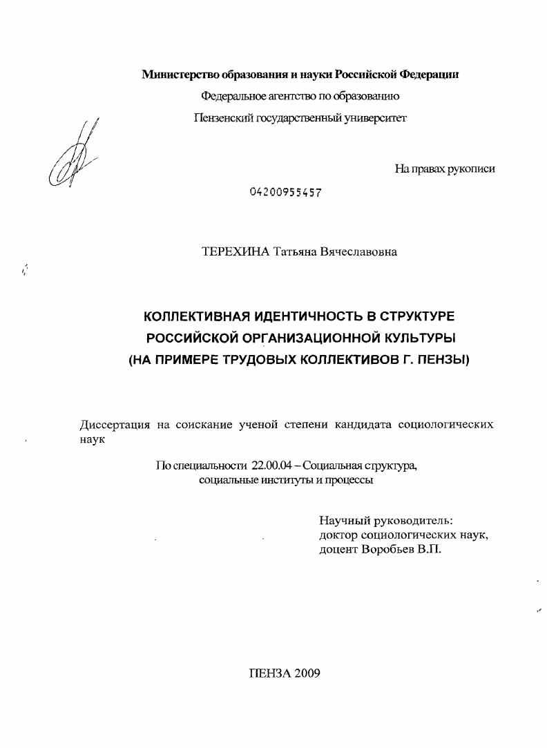 скачать диссертацию Коллективная идентичность в структуре российской организационной культуры : на примере трудовых коллективов г. Пензы Коллективная идентичность в структуре российской организационной культуры : на примере трудовых коллективов г. Пензы