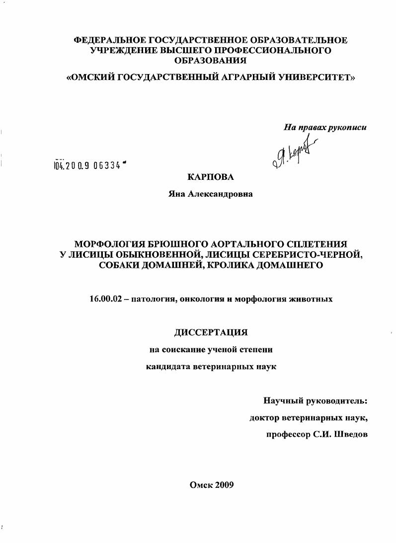 Морфология брюшного аортального сплетения у лисицы обыкновенной, лисицы серебристо-черной, собаки домашней, кролика домашнего