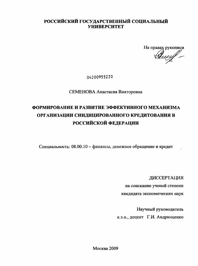 Формирование и развитие эффективного механизма организации синдицированного кредитования в Российской Федерации