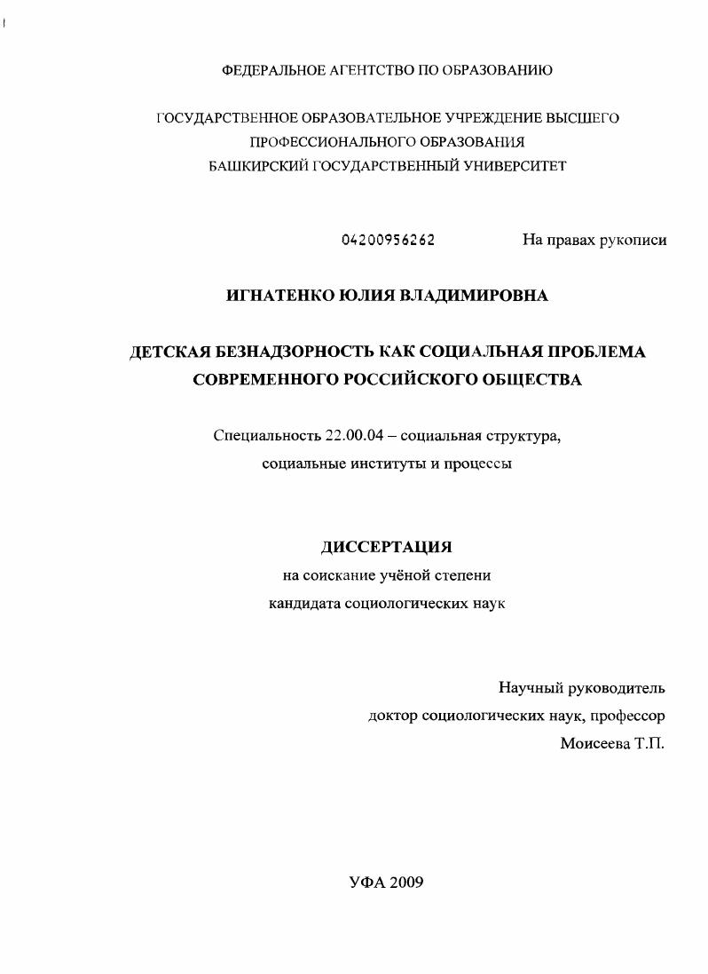 скачать диссертацию Детская безнадзорность как социальная проблема современного российского общества Детская безнадзорность как социальная проблема современного российского общества
