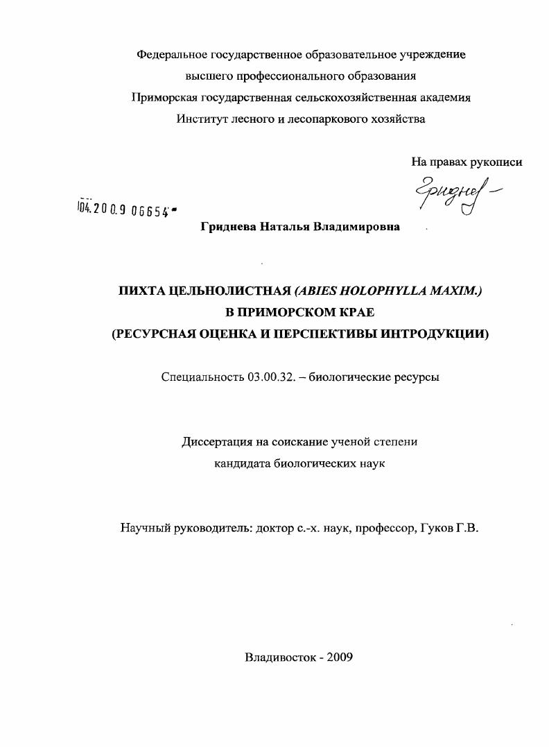 Пихта цельнолистная (Abies holophylla Maxim.) в Приморском крае : ресурсная оценка и перспективы интродукции