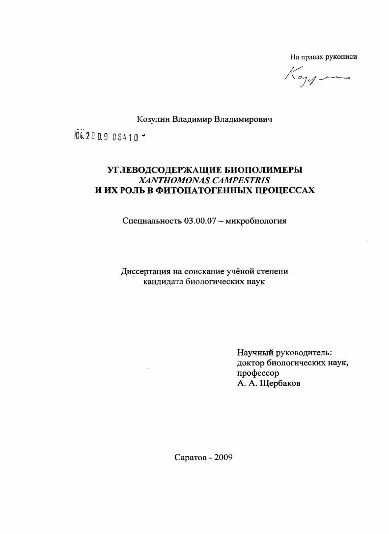 Углеводсодержащие биополимеры Xanthomonas campestris и их роль в фитопатогенных процессах