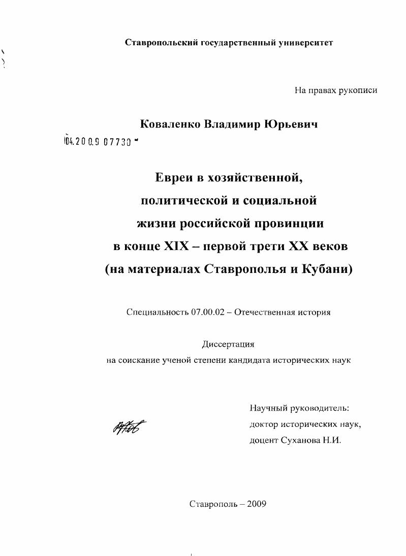 Евреи в хозяйственной, политической и социальной жизни российской провинции в конце XIX - первой трети XX веков : на материалах Ставрополья и Кубани