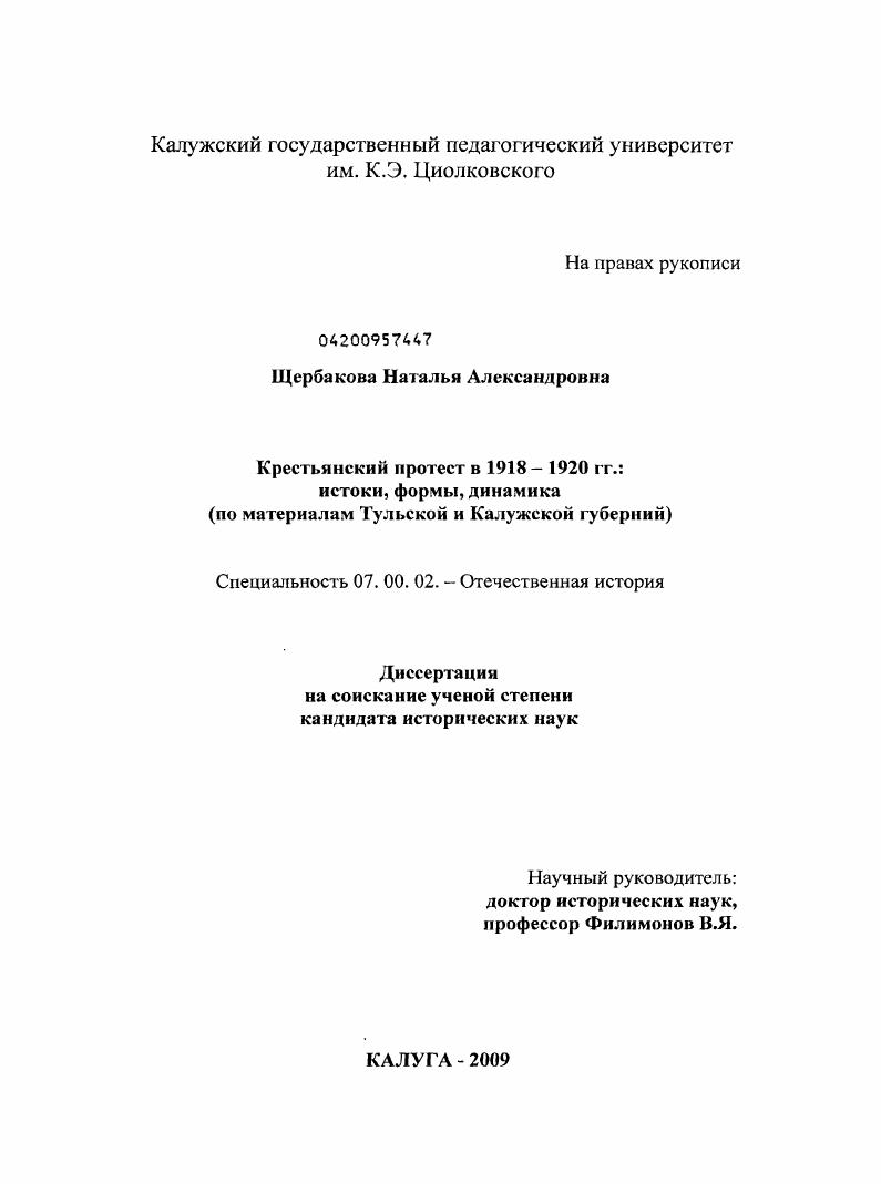 Крестьянский протест в 1918-1920 гг.: истоки, формы, динамика : по материалам Тульской и Калужской губерний