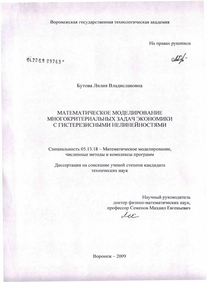 скачать диссертацию Математическое моделирование многокритериальных задач экономики с гистерезисными нелинейностями Математическое моделирование многокритериальных задач экономики с гистерезисными нелинейностями