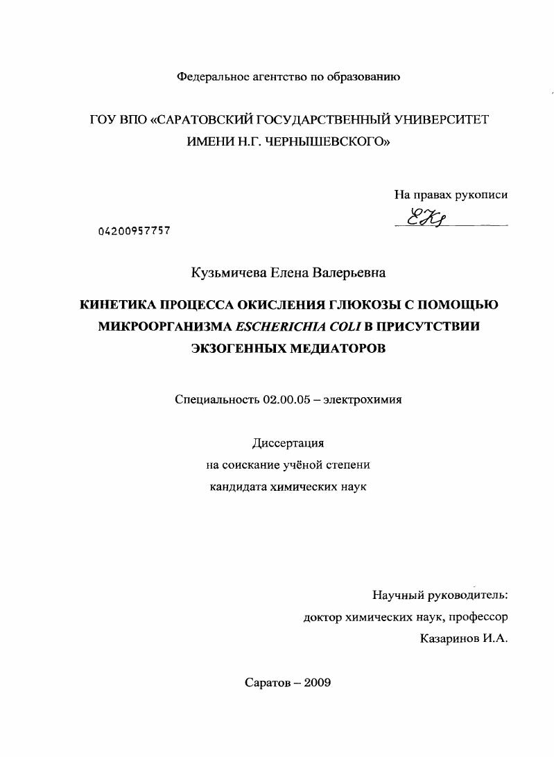 Кинетика процесса окисления глюкозы с помощью микроорганизма Escherichia coli в присутствии экзогенных медиаторов