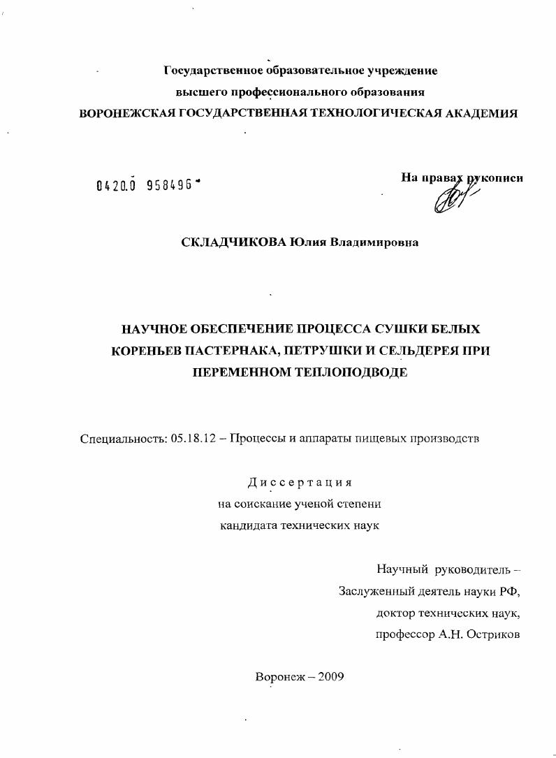 Научное обеспечение и разработка способа сушки белых кореньев пастернака, петрушки и сельдерея при переменном теплоподводе