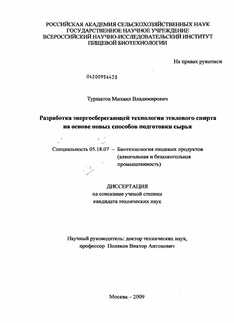 скачать диссертацию Разработка энергосберегающей технологии этилового спирта на основе новых способов подготовки сырья Разработка энергосберегающей технологии этилового спирта на основе новых способов подготовки сырья