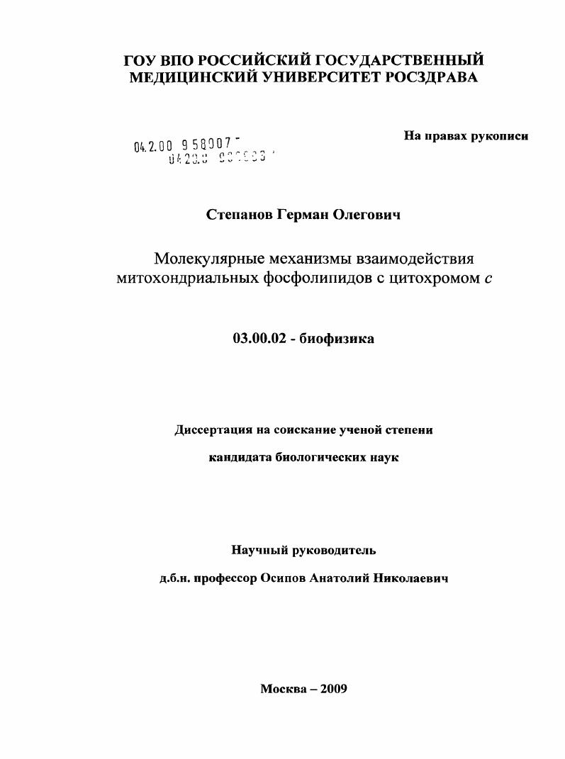 Молекулярные механизмы взаимодействия митохондриальных фосфолипидов с цитохромом c