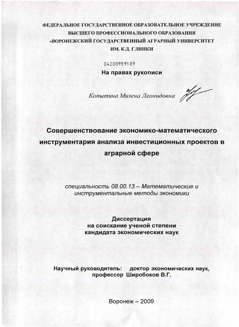 Совершенствование экономико-математического инструментария анализа инвестиционных проектов в аграрной сфере