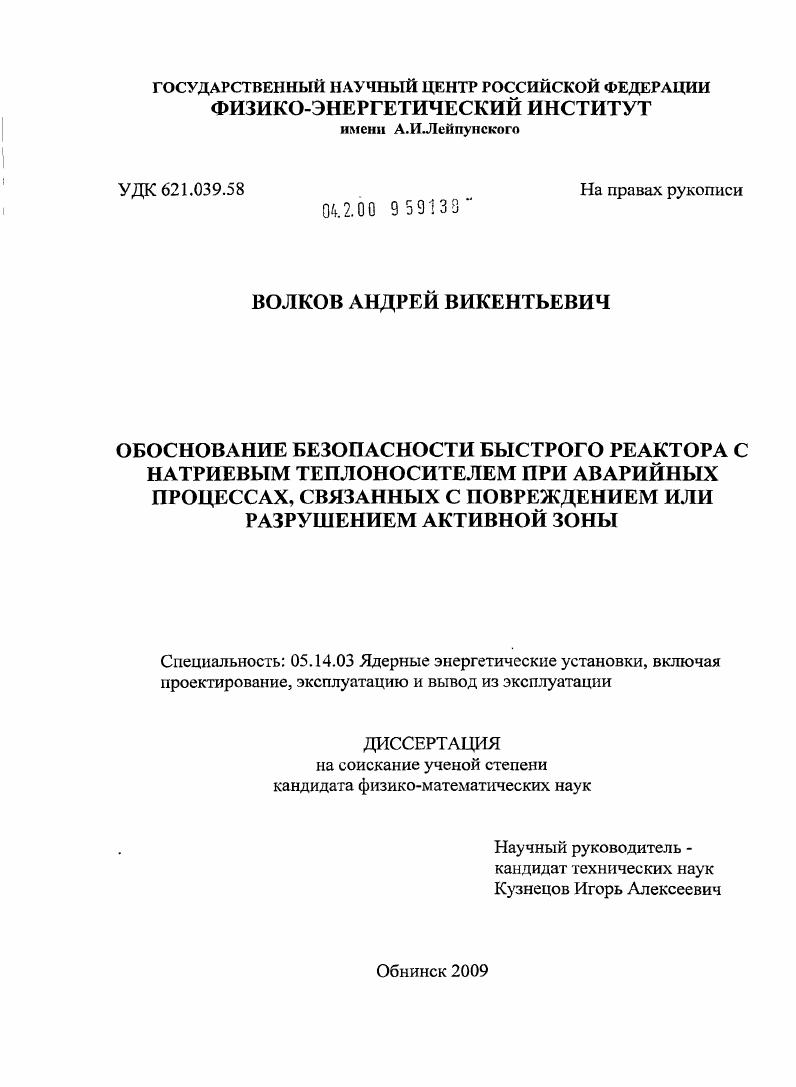 Обоснование безопасности быстрого реактора с натриевым теплоносителем при аварийных процессах, связанных с повреждением или разрушением активной зоны