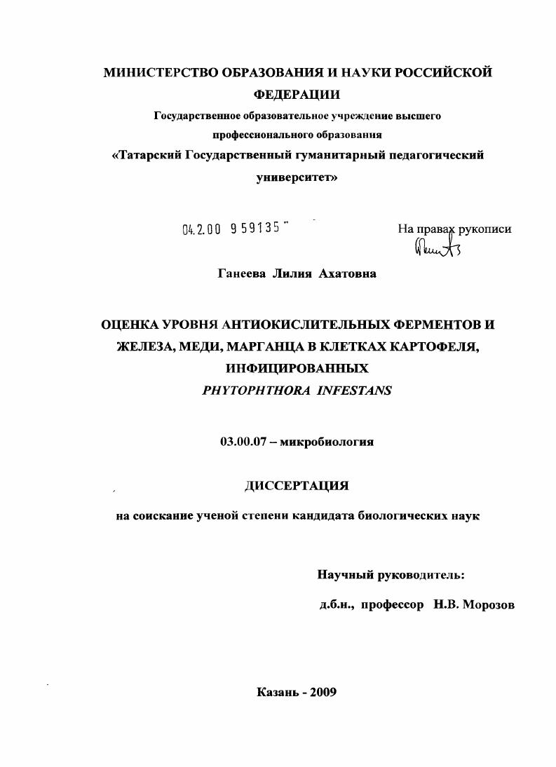 Оценка уровня антиокислительных ферментов и железа, меди, марганца в клетках картофеля, инфицированных Phytophthora infestans