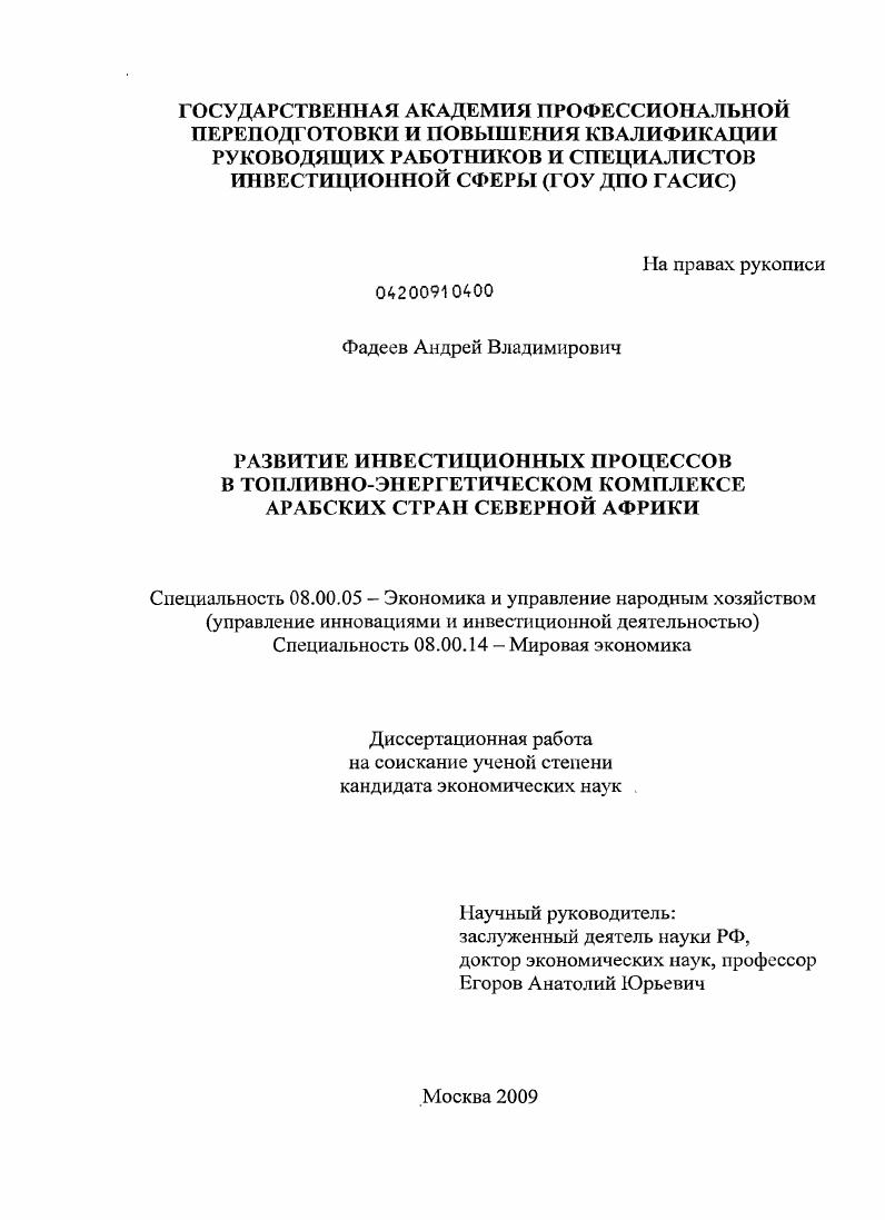 скачать диссертацию Развитие инвестиционных процессов в топливно-энергетическом комплексе арабских стран Северной Африки Развитие инвестиционных процессов в топливно-энергетическом комплексе арабских стран Северной Африки