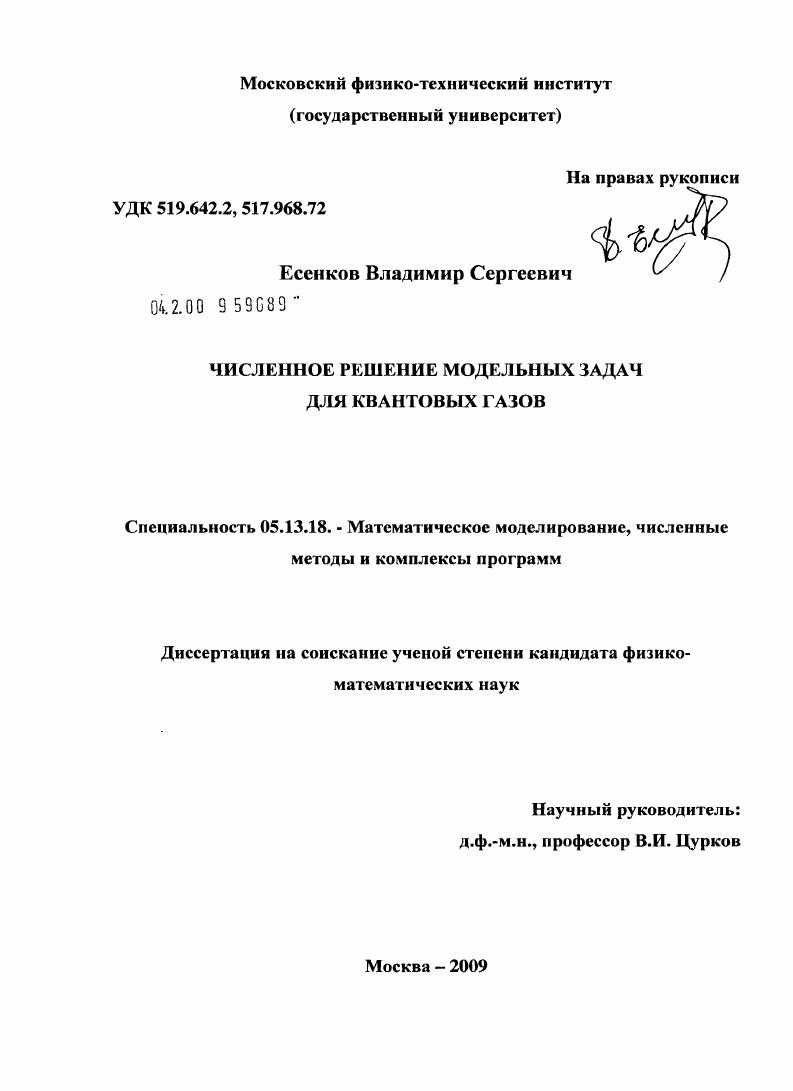 Численное решение модельных задач для квантовых газов