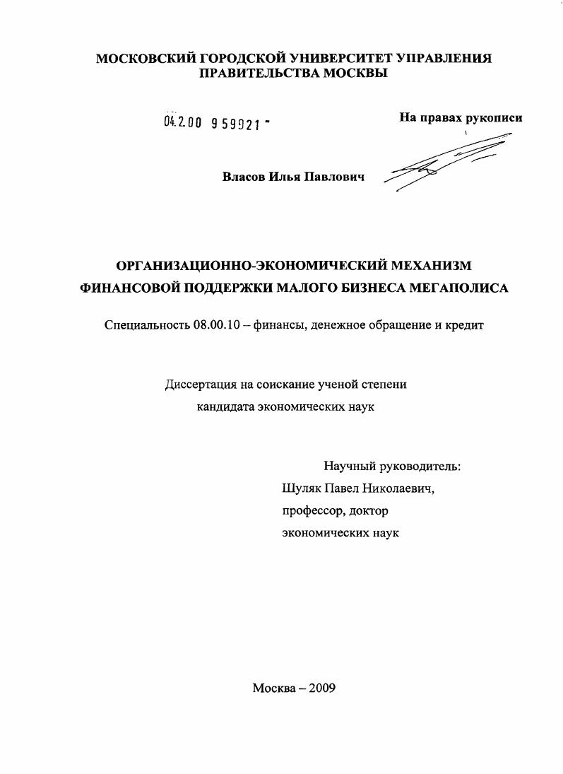 Организационно-экономический механизм финансовой поддержки малого бизнеса мегаполиса