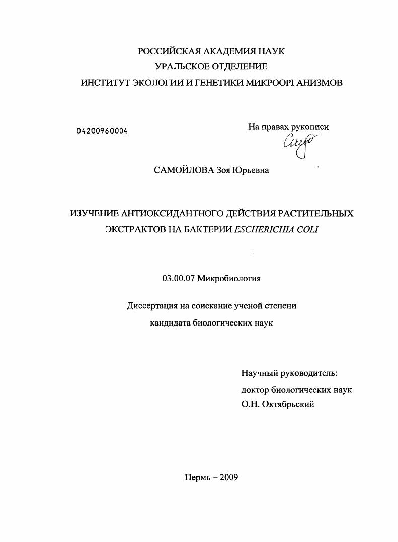 Изучение антиоксидантного действия растительных экстрактов на бактерии Escherichia coli