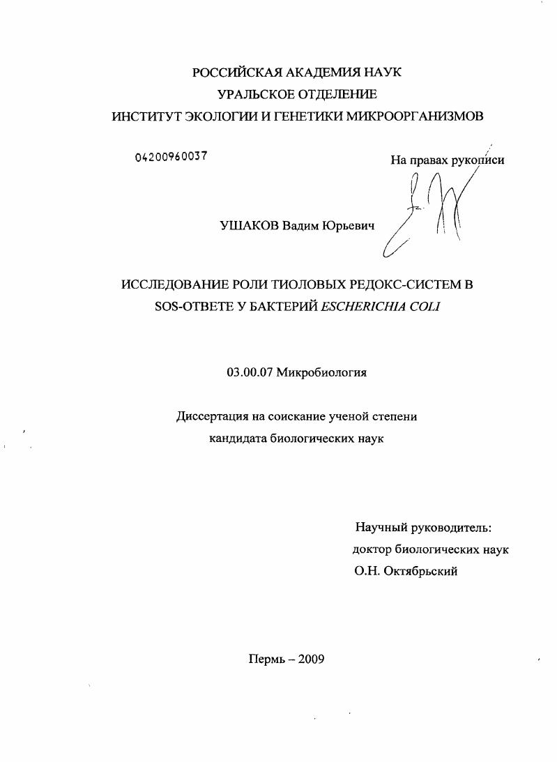 скачать диссертацию Исследование роли тиоловых редокс-систем в SOS-ответе у бактерий Escherichia coli Исследование роли тиоловых редокс-систем в SOS-ответе у бактерий Escherichia coli