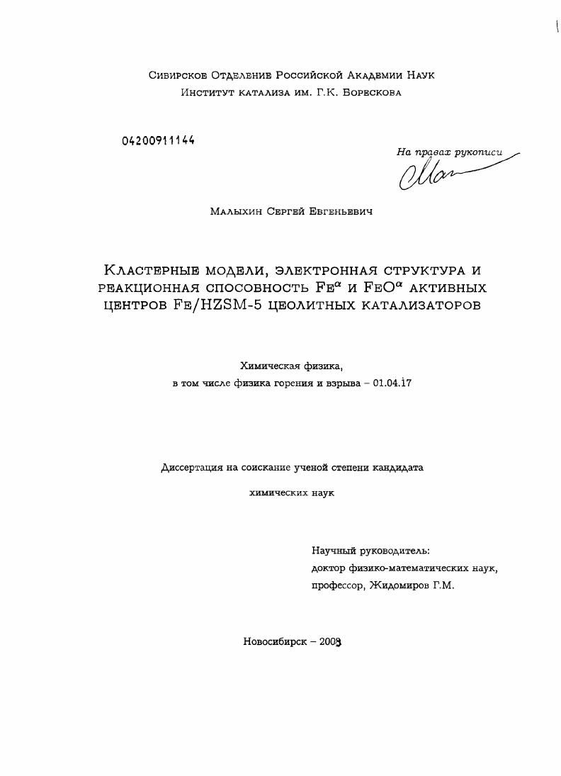 Кластерные модели, электронная структура и реакционная способность Feα и FeOα активных центров Fe/HZSM-5 цеолитных катализаторов