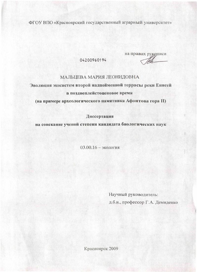 Эволюция экосистем второй надпойменной террасы реки Енисей в позднеплейстоценовое время : на примере археологического памятника Афонтова гора II