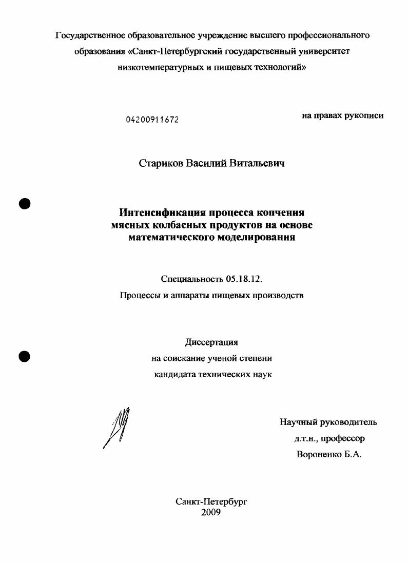 Интенсификация процесса копчения мясных колбасных продуктов на основе математического моделирования
