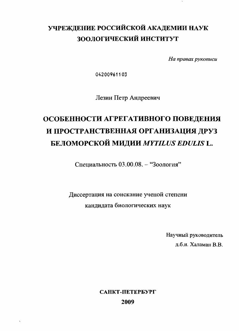 Особенности агрегативного поведения и пространственная организация друз беломорской мидии Mytilus edulis L.