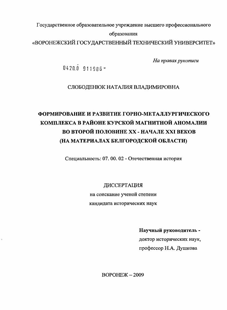 Формирование и развитие горно-металлургического комплекса в районе Курской магнитной аномалии во второй половине XX - начале XXI веков : на материалах Белгородской области