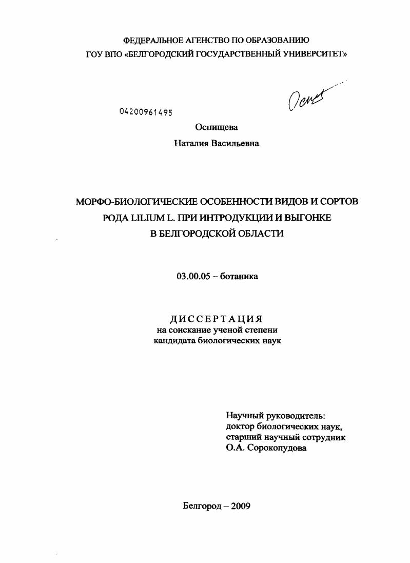 Морфо-биологические особенности видов и сортов рода Lilium L. при интродукции и выгонке в Белгородской области