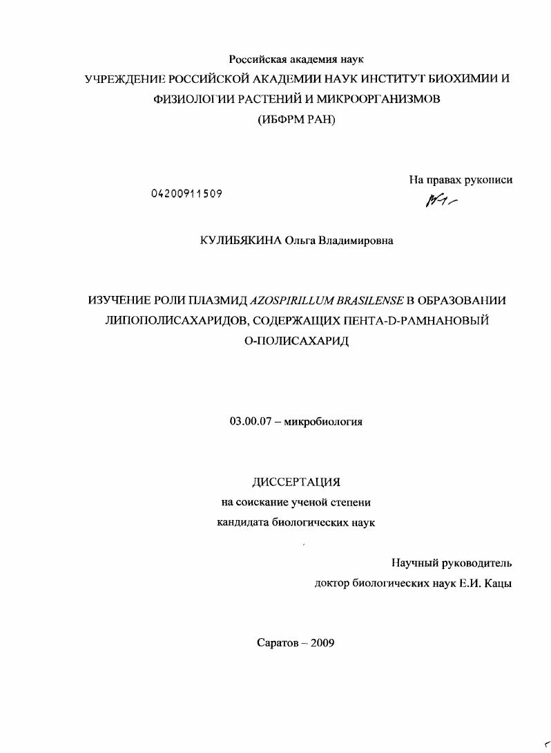 скачать диссертацию Изучение роли плазмид Azospirillum Brasilense в образовании липополисахаридов, содержащих пента-D-рамнановый O-полисахарид Изучение роли плазмид Azospirillum Brasilense в образовании липополисахаридов, содержащих пента-D-рамнановый O-полисахарид