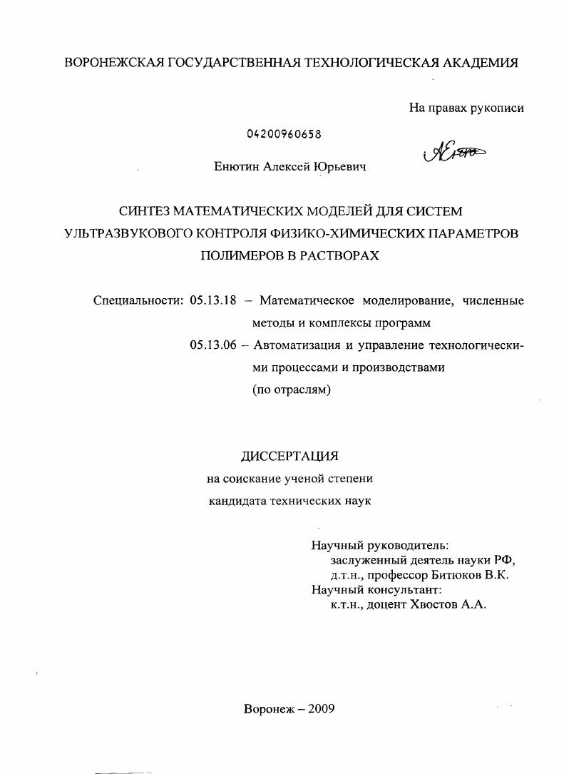 Синтез математических моделей для систем ультразвукового контроля физико-химических параметров полимеров в растворах