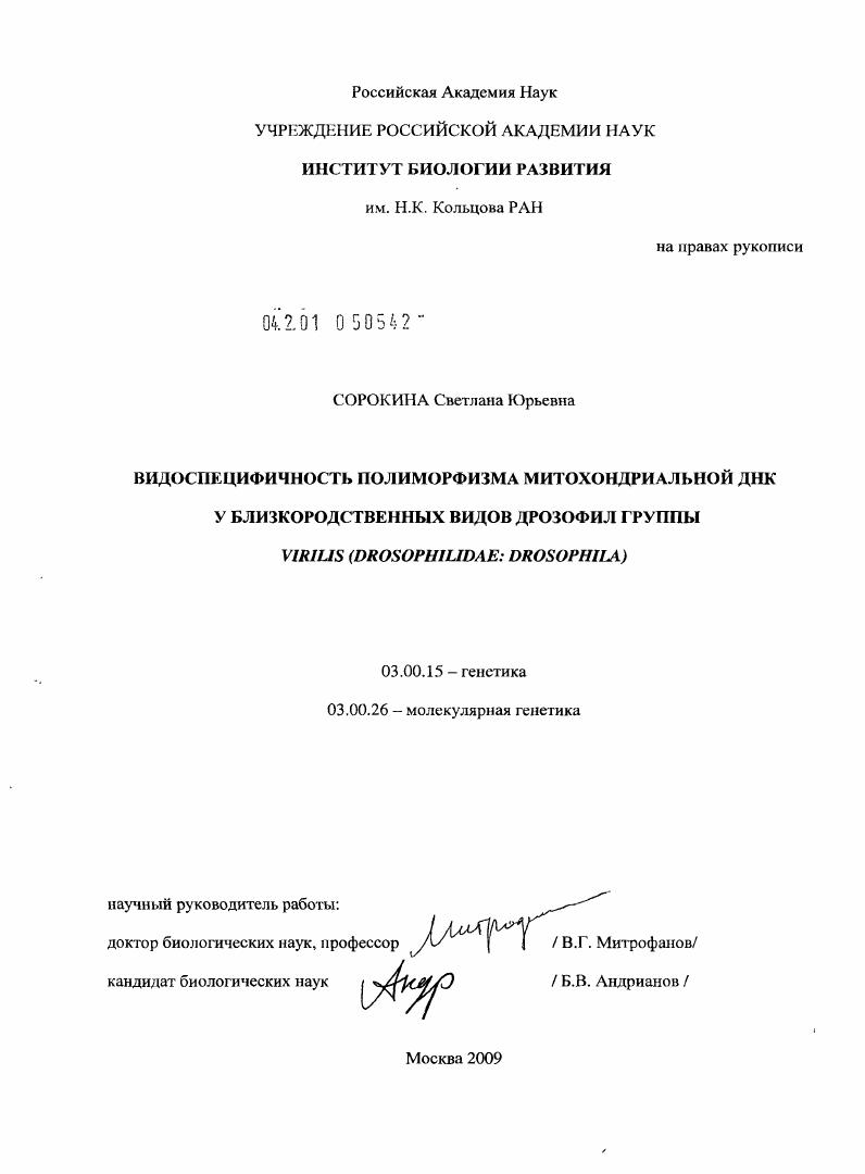 скачать диссертацию Видоспецифичность полиморфизма митохондриальной ДНК у близкородственных видов дрозофил группы virilis : Diptera: Drosophilidae Видоспецифичность полиморфизма митохондриальной ДНК у близкородственных видов дрозофил группы virilis : Diptera: Drosophilidae