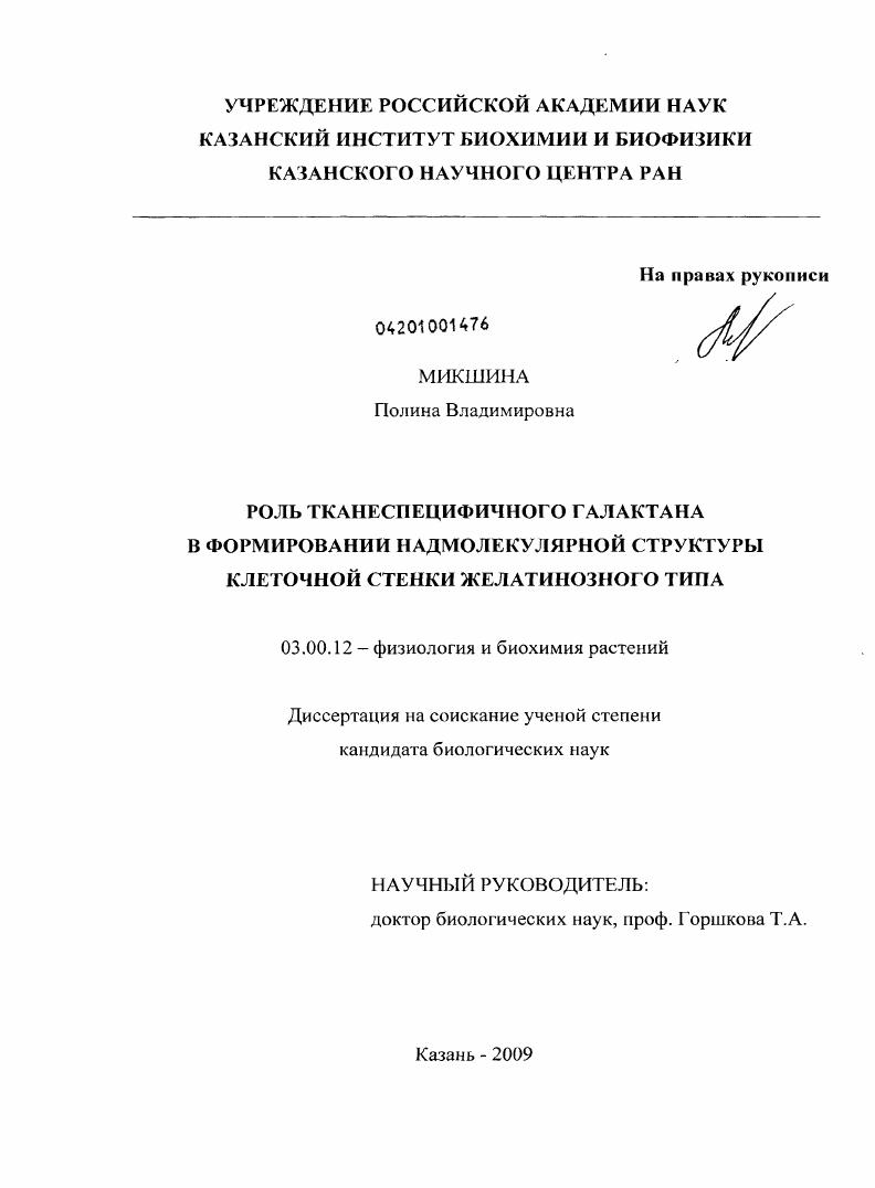 Роль тканеспецифичного галактана в формировании надмолекулярной структуры клеточной стенки желатинозного типа