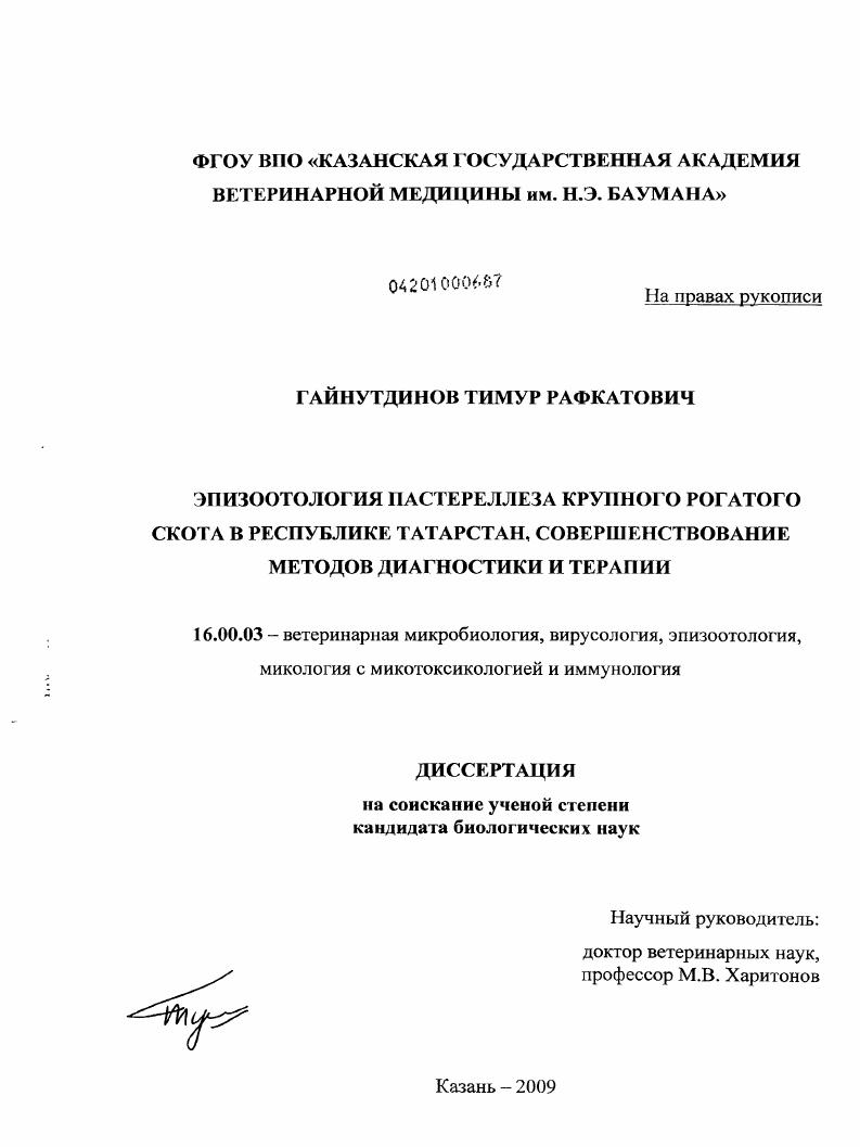 Эпизоотология пастереллеза крупного рогатого скота в Республике Татарстан, совершенствование методов диагностики и терапии