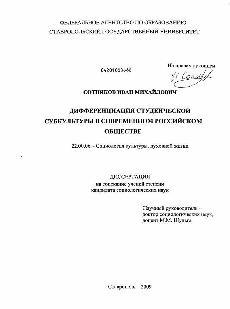 скачать диссертацию Дифференциация студенческой субкультуры в современном российском обществе Дифференциация студенческой субкультуры в современном российском обществе