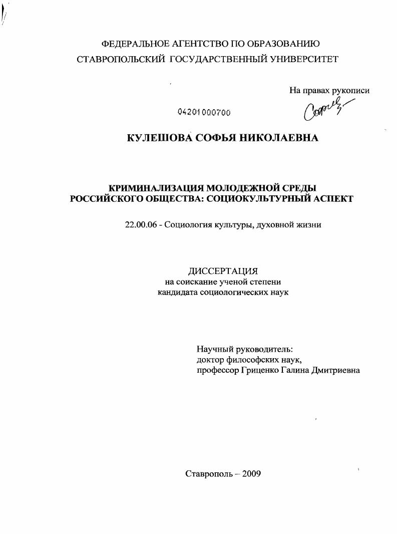 Криминализация молодежной среды российского общества : социокультурный аспект