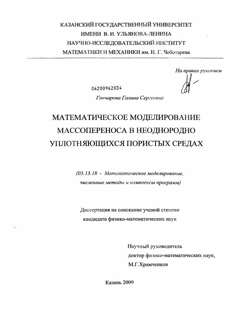 скачать диссертацию Математическое моделирование массопереноса в неоднородно уплотняющихся пористых средах Математическое моделирование массопереноса в неоднородно уплотняющихся пористых средах