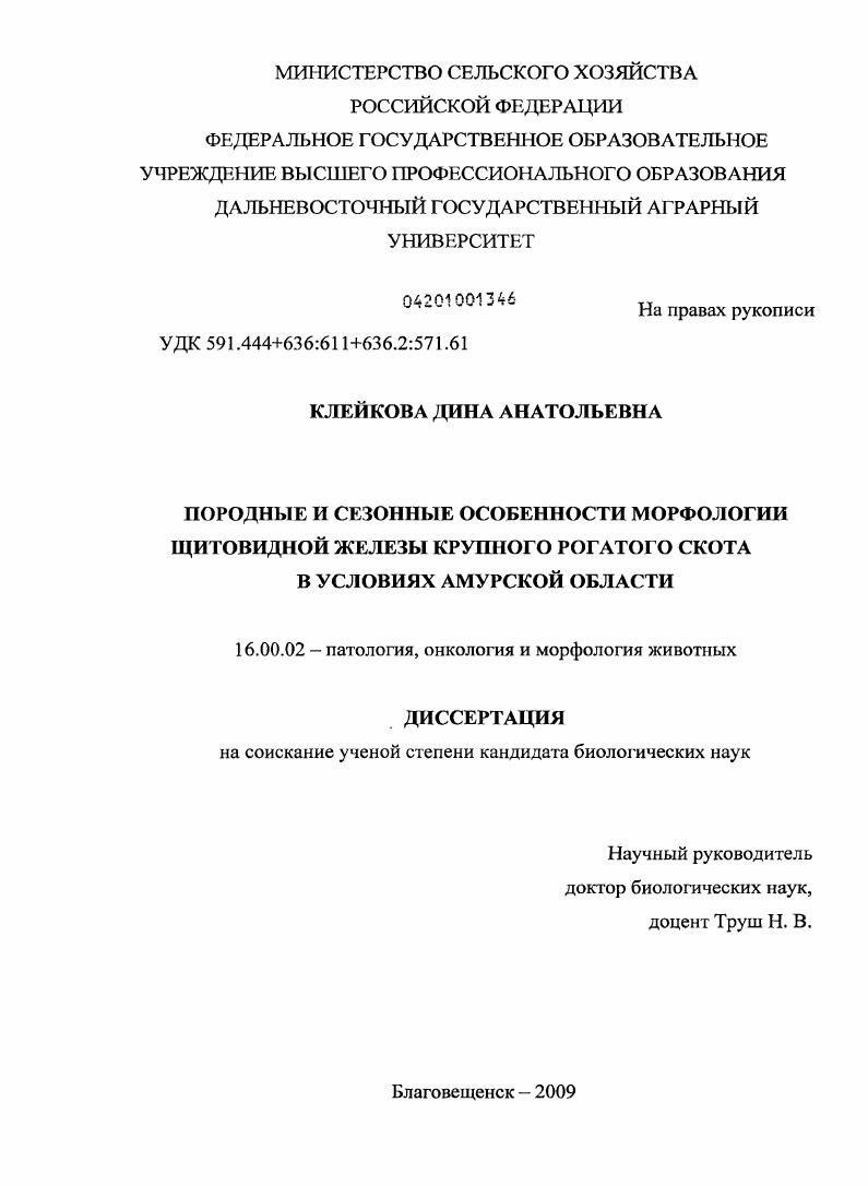 Породные и сезонные особенности морфологии щитовидной железы крупного рогатого скота в условиях Амурской области