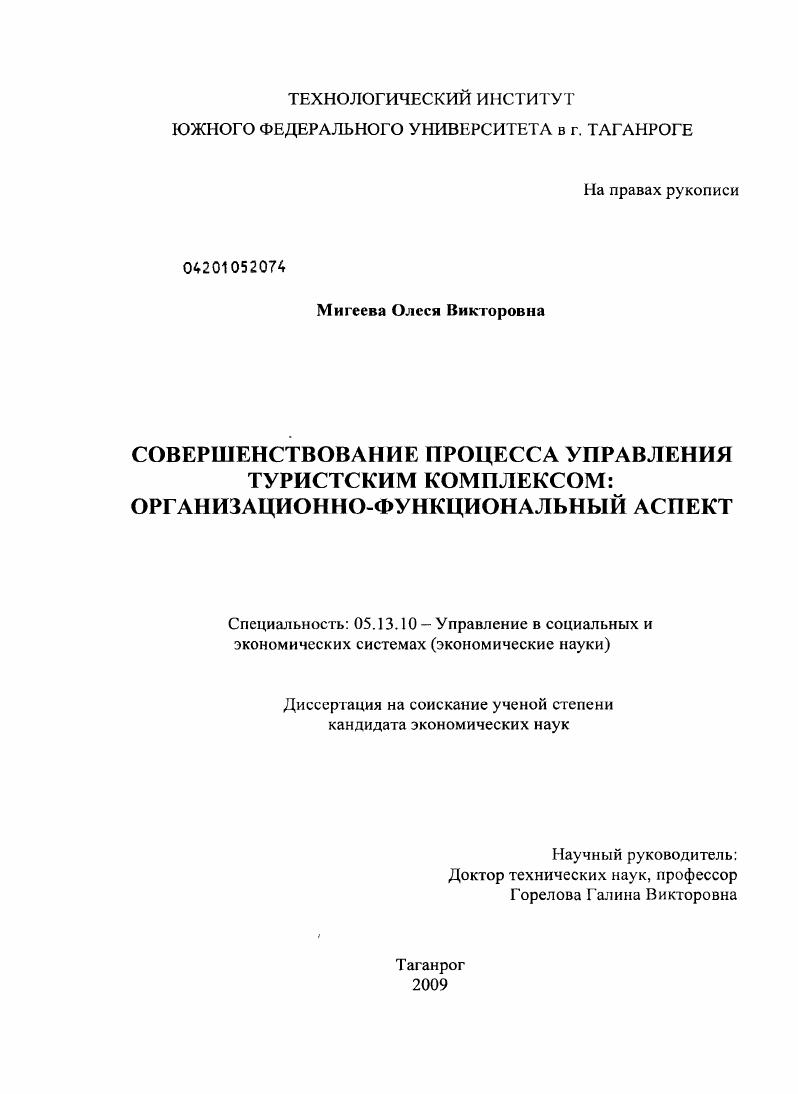 Совершенствование процесса управления туристским комплексом : организационно-функциональный аспект