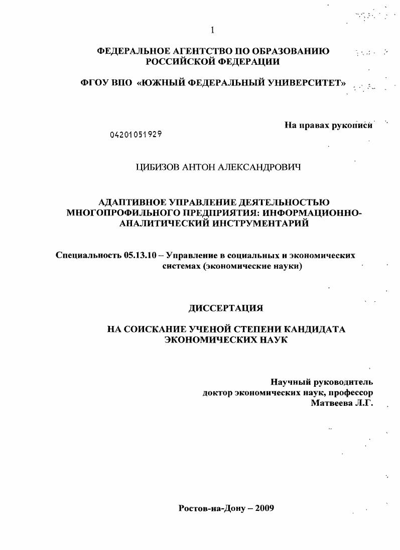 скачать диссертацию Адаптивное управление деятельностью многопрофильного предприятия : информационно-аналитический инструментарий Адаптивное управление деятельностью многопрофильного предприятия : информационно-аналитический инструментарий
