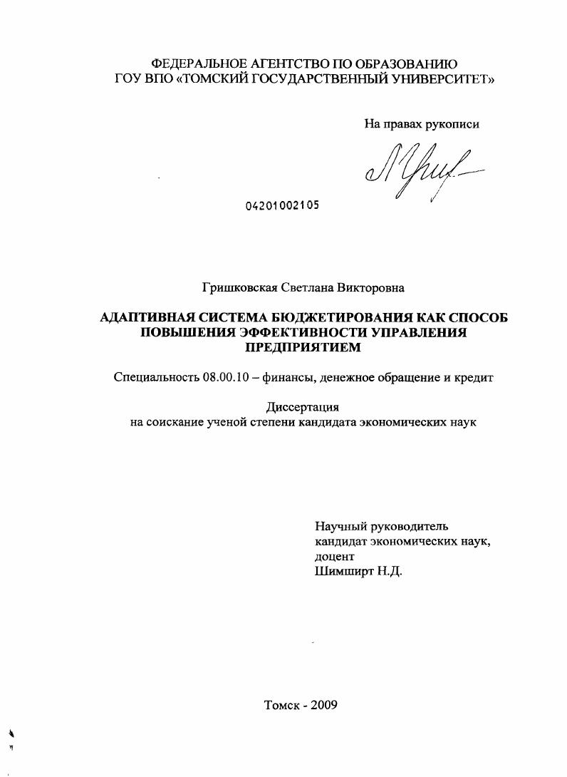 скачать диссертацию Адаптивная система бюджетирования как способ повышения эффективности управления предприятием Адаптивная система бюджетирования как способ повышения эффективности управления предприятием