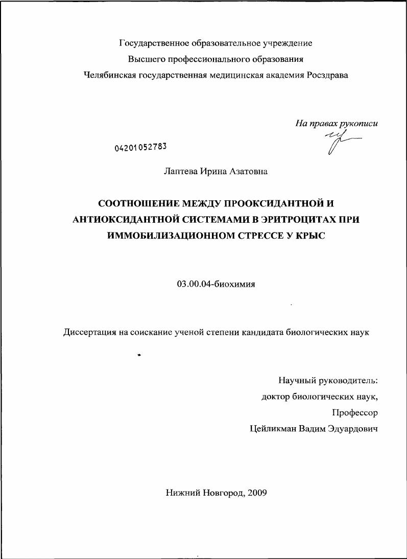Соотношение между прооксидантной и антиоксидантной системами в эритроцитах при иммобилизационном стрессе у крыс