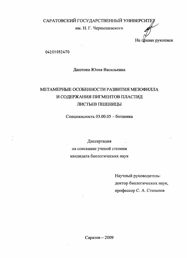 скачать диссертацию Метамерные особенности развития мезофилла и содержания пигментов пластид листьев пшеницы Метамерные особенности развития мезофилла и содержания пигментов пластид листьев пшеницы