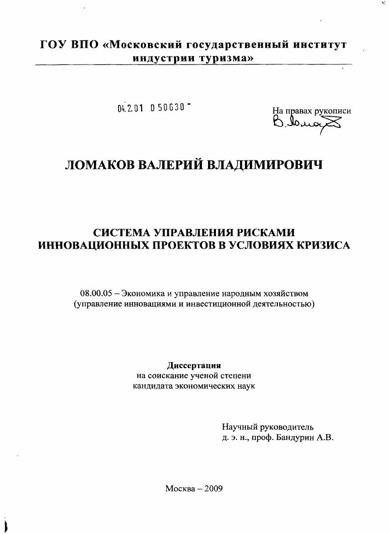 скачать диссертацию Система управления рисками инновационных проектов в условиях кризиса Система управления рисками инновационных проектов в условиях кризиса