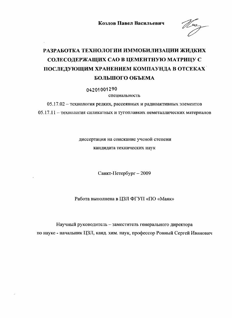 Разработка технологии иммобилизации жидких солесодержащих САО в цементную матрицу с последующим хранением компаунда в отсеках большого объема