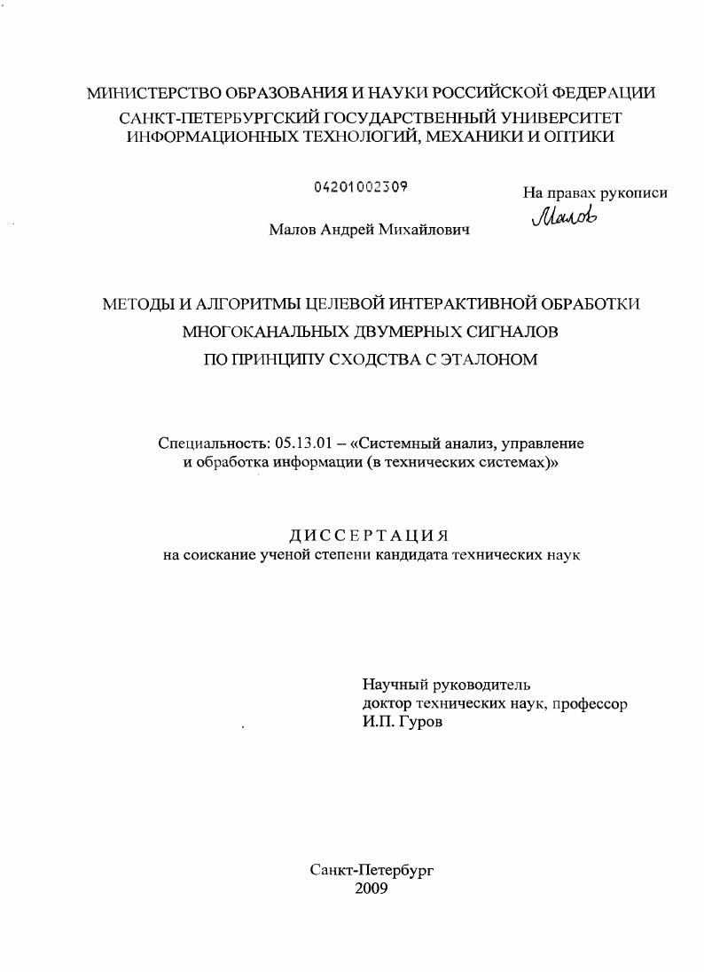 Методы и алгоритмы целевой интерактивной обработки многоканальных двумерных сигналов по принципу сходства с эталоном