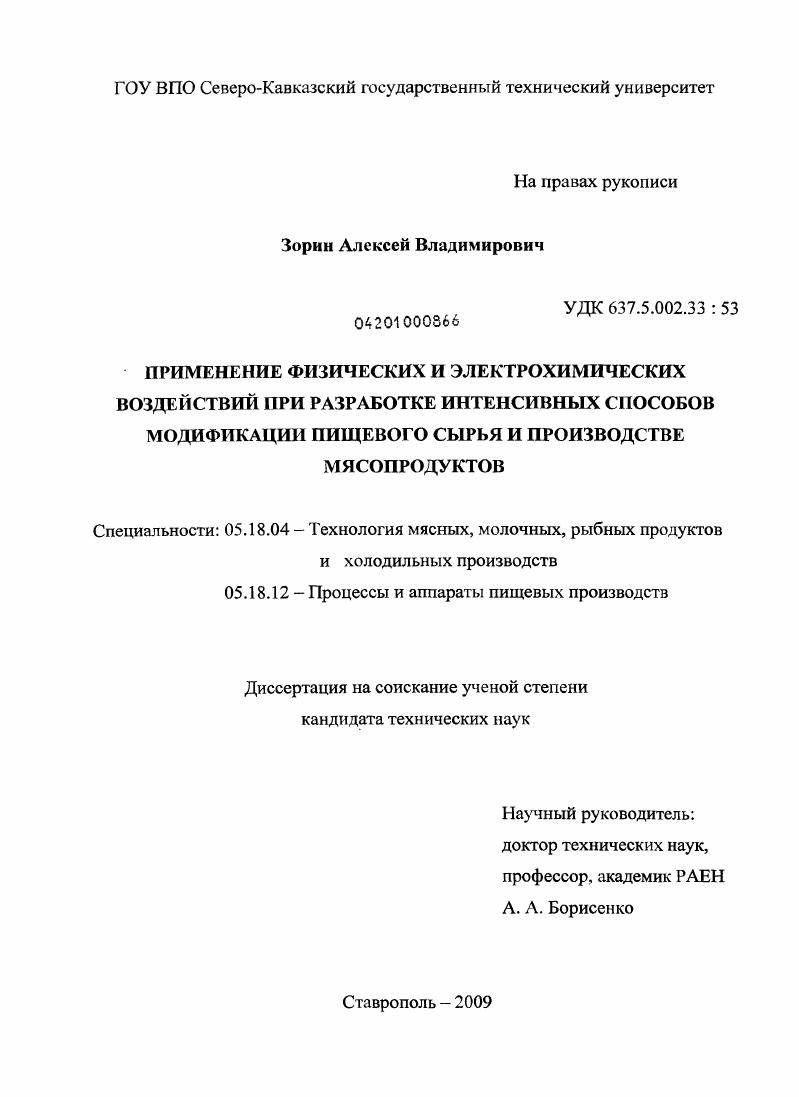 Применение физических и электрохимических воздействий при разработке интенсивных способов модификации пищевого сырья и производстве мясопродуктов