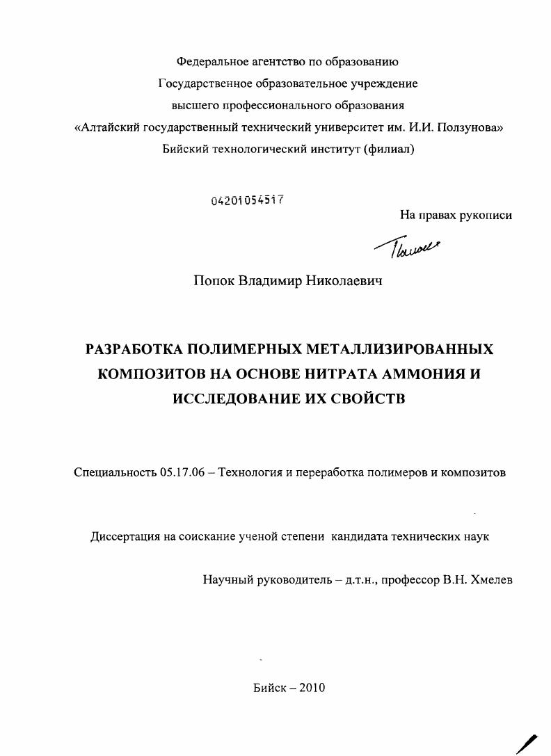 Разработка полимерных металлизированных композитов на основе нитрата аммония и исследование их свойств