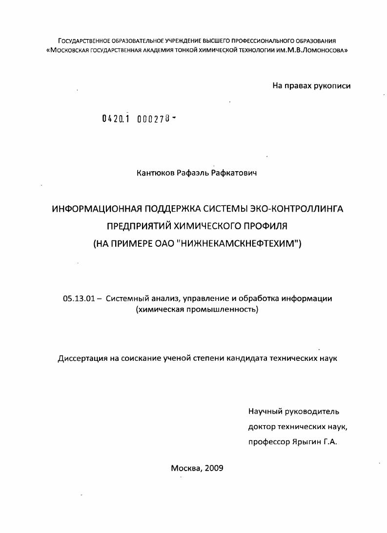 Информационная поддержка системы эко-контроллинга предприятий химического профиля : на примере ОАО "Нижнекамскнефтехим"