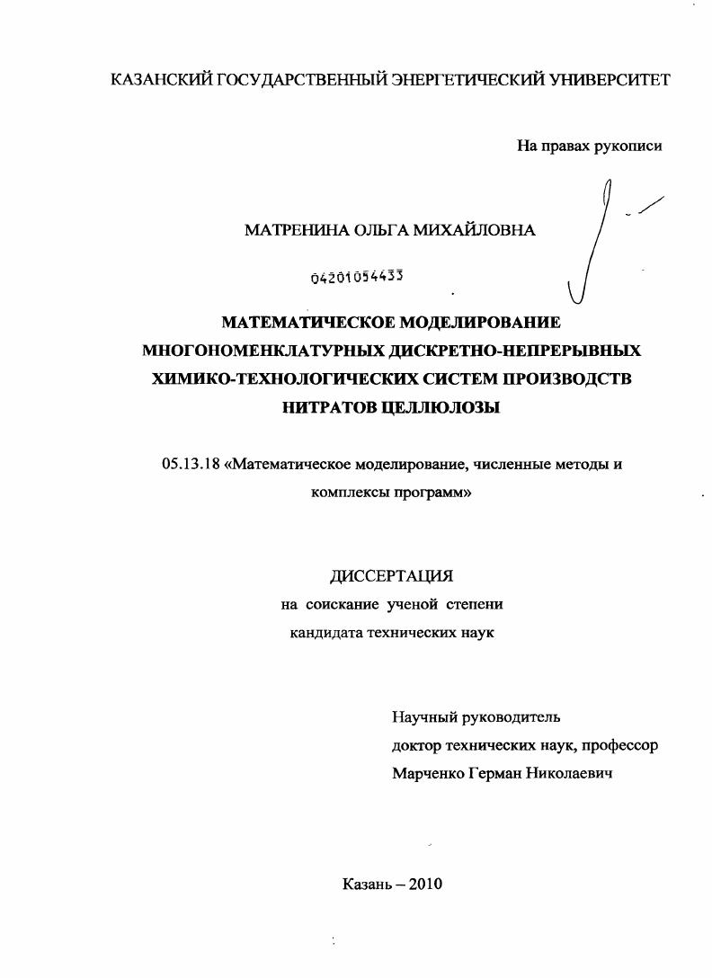 Математическое моделирование многономенклатурных дискретно-непрерывных химико-технологических систем производств нитратов целлюлозы
