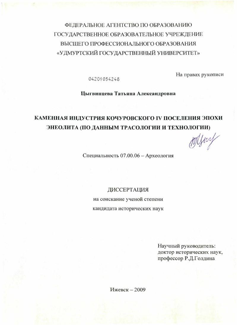 Каменная индустрия Кочуровского IV поселения эпохи энеолита : по данным трасологии и технологии