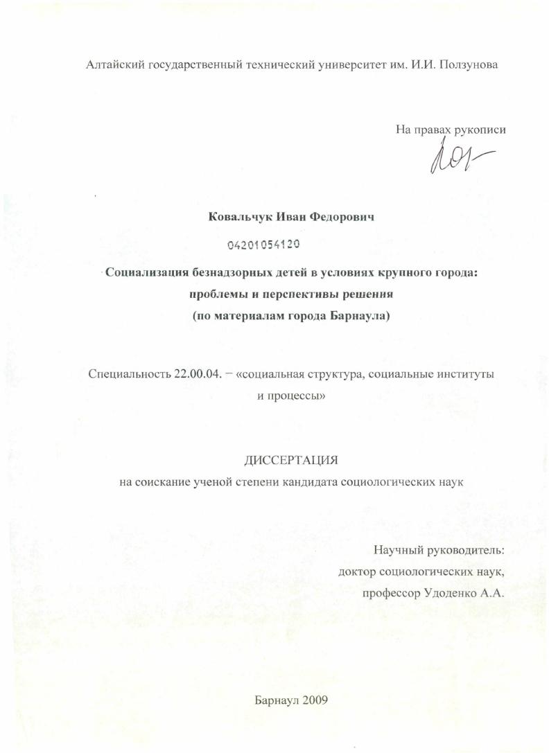 Социализация безнадзорных детей в условиях крупного города: проблемы и перспективы решения : по материалам города Барнаула